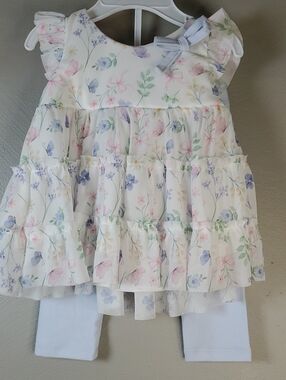 NWT Rare Editions Girls White Floral Ruffle Dress W/leggings. 6-9 Months